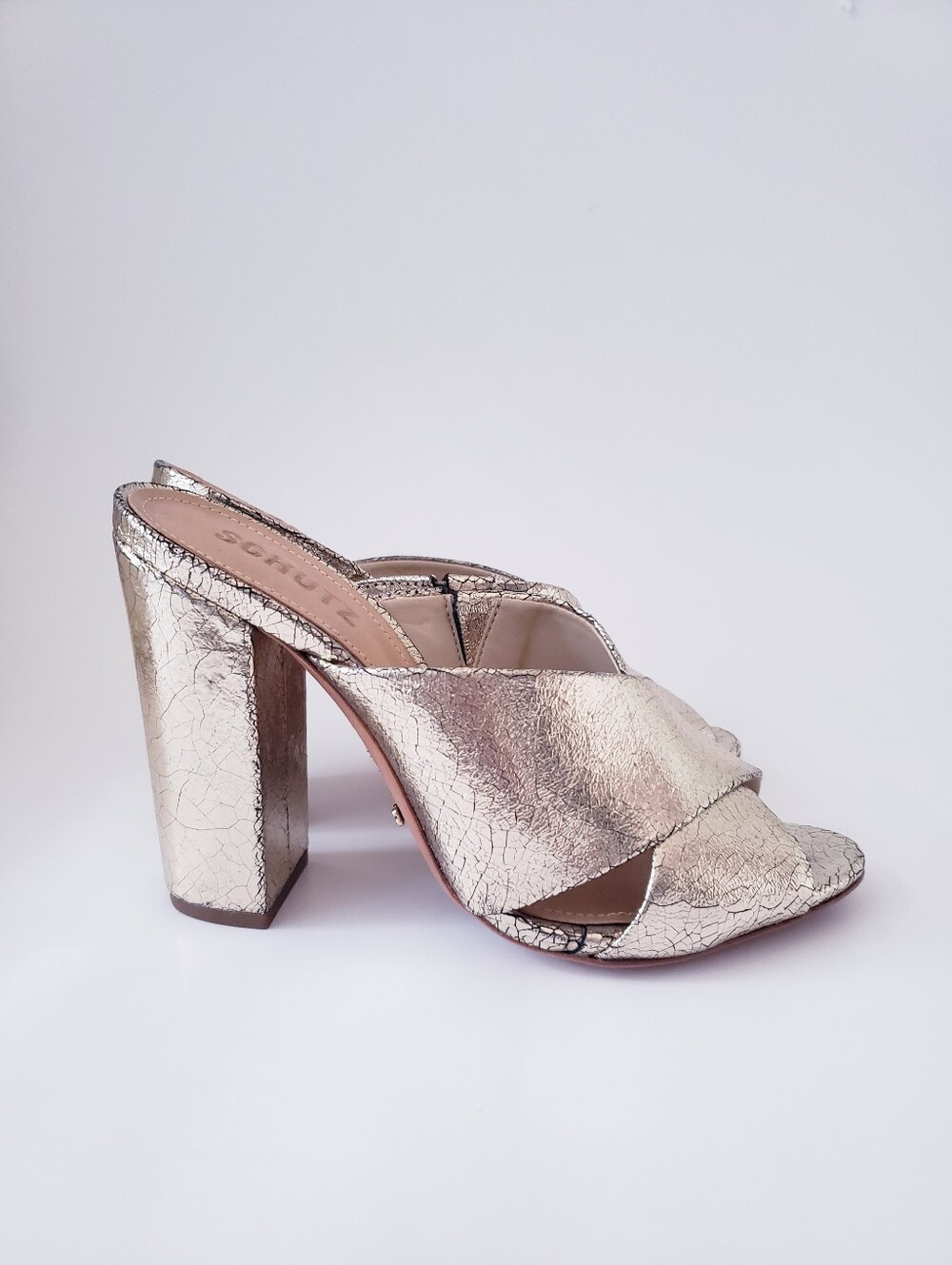 Schutz Gold Metallic Crackled Leather Crisscross Block Heel Mules Sandals
